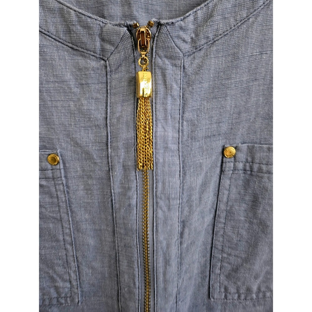 Ellen Tracy Linen Tank Top Large Blue Sleeveless Gold Tassel Zip Coastal Summer - Picture 4 of 6